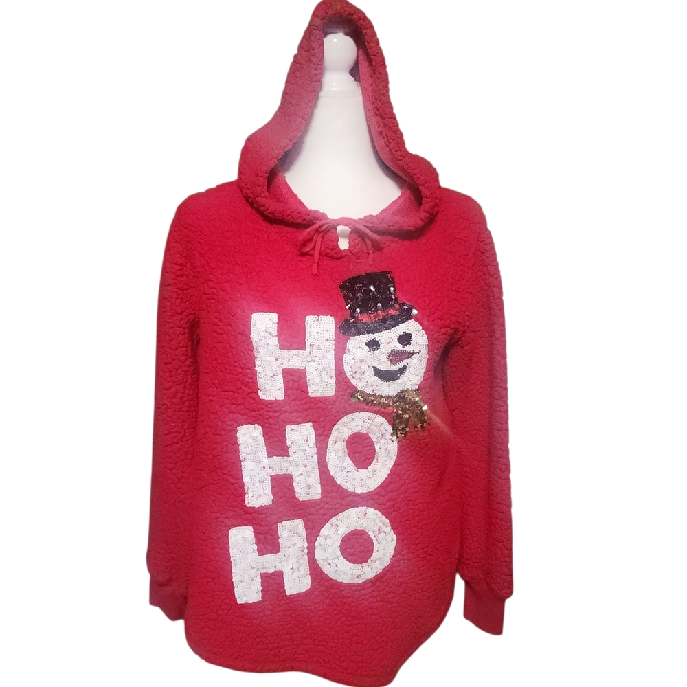 Miss Chievous Snowman Sherpa Fleece Hoodie Sequin Sweater Size Medium